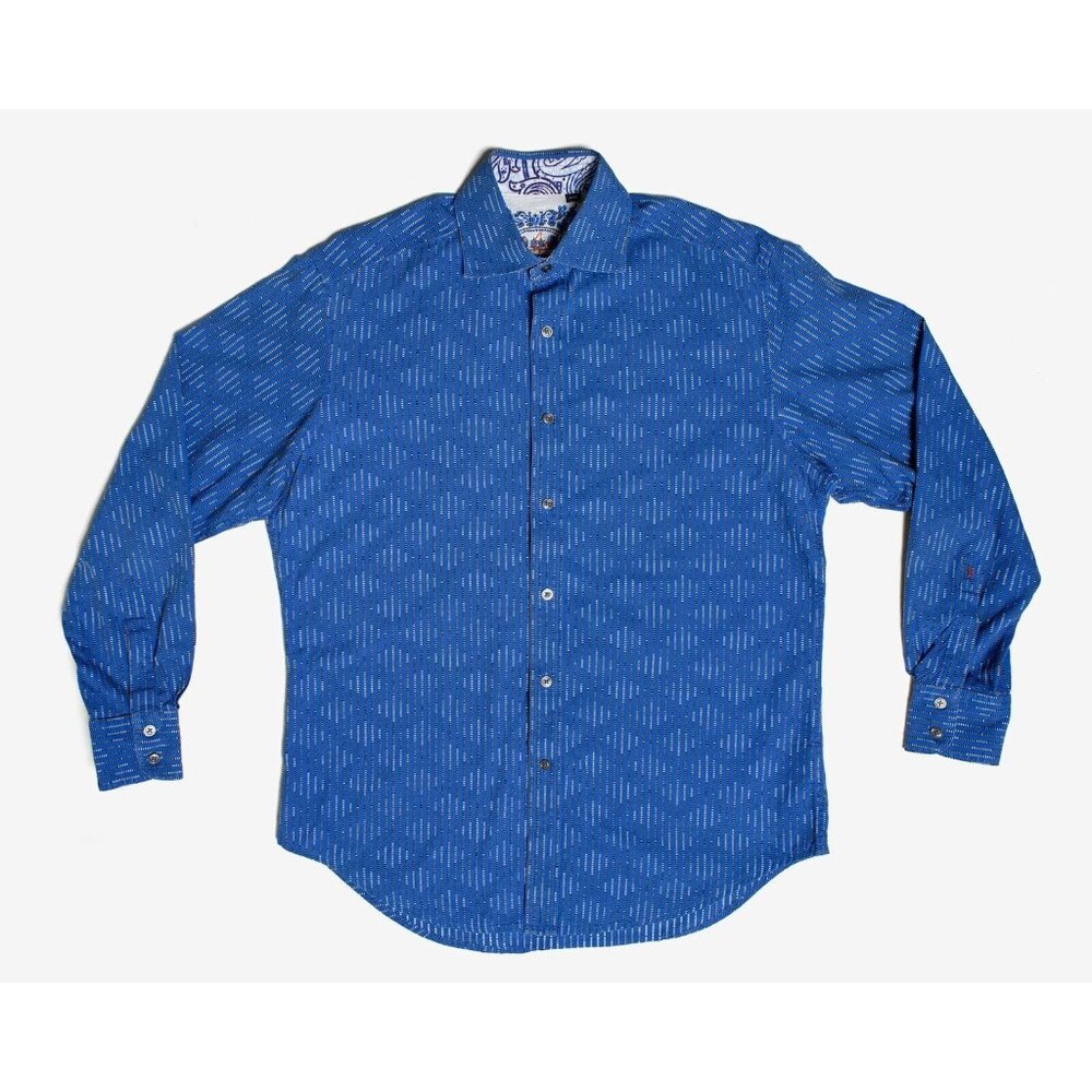 Robert Graham Mens Medium Flip Cuff Button Up Shirt Geometric Blue Embroidered